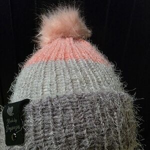Pink and Gray Knit Pom-Pom Hat